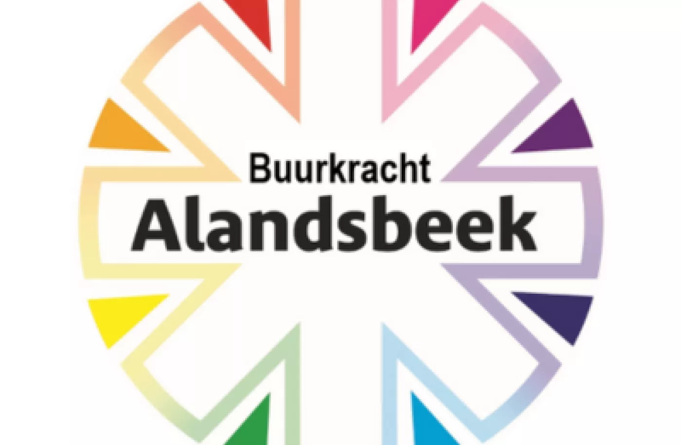 Logo Buurtkracht Alandsbeek: een cirkel met regenboogkleuren en in het midden de tekst Buurtkracht Alandsbeek
